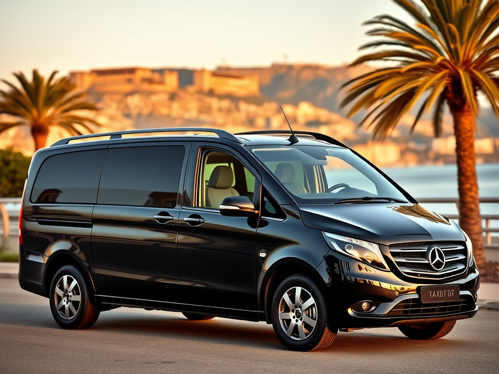Furgone Mercedes-Benz nero parcheggiato lungo una passeggiata, con palme sullo sfondo e una vista panoramica.
